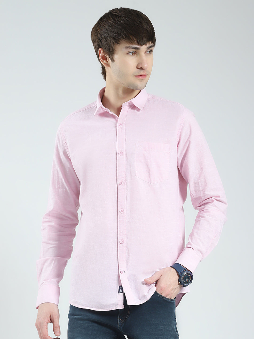 Men Pink Solid Collar Full Sleeve Shirt