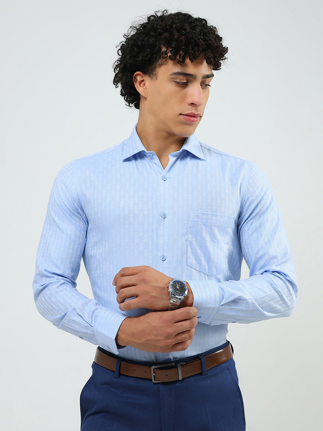 Men Blue Solid Collar Full Sleeve Shirt
