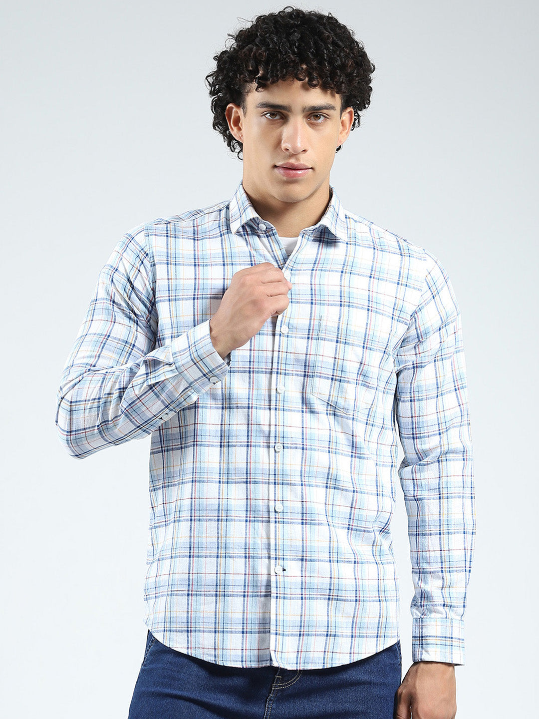 Men Blue Check Collar Full Sleeve Shirt