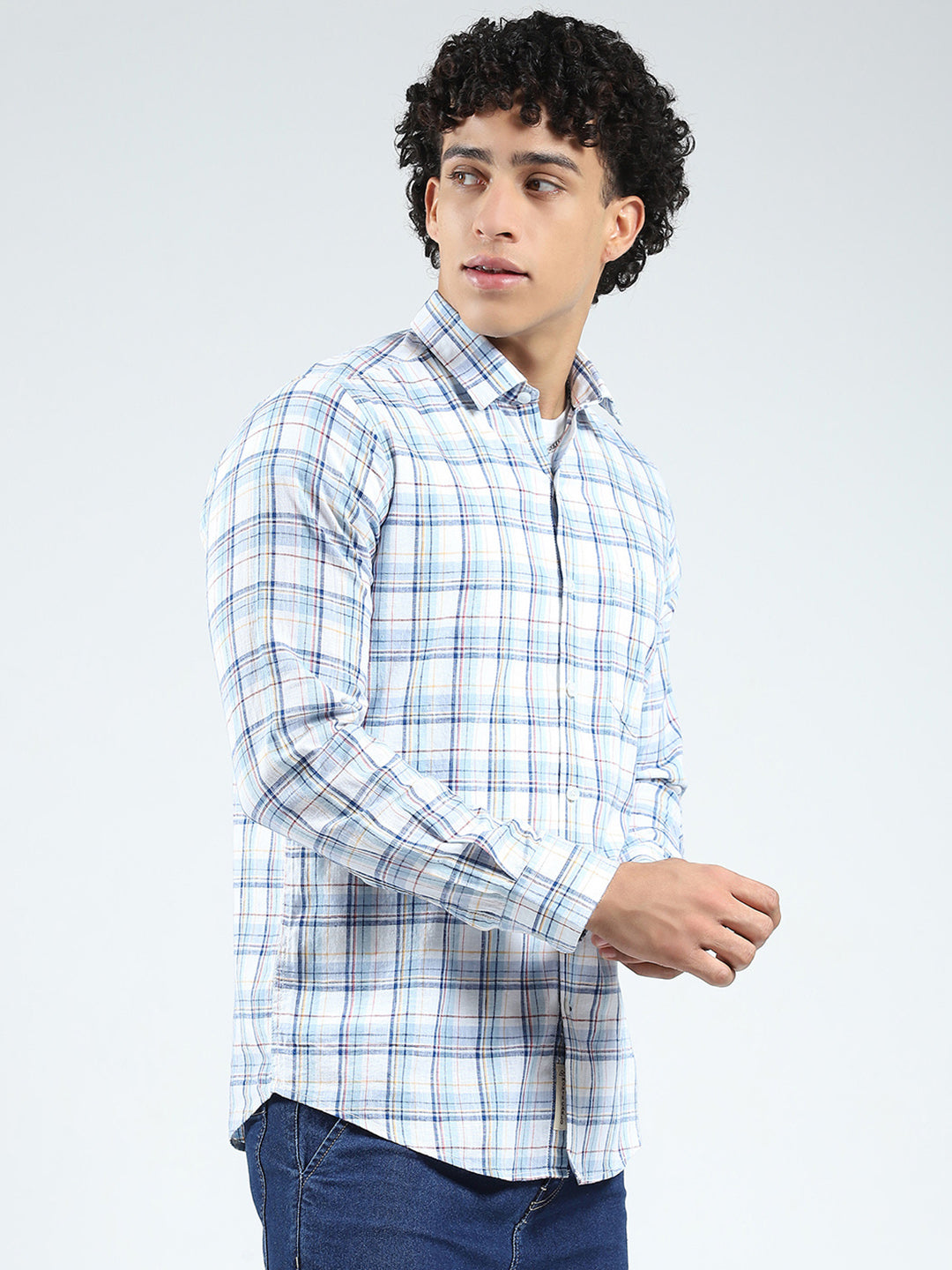 Men Blue Check Collar Full Sleeve Shirt
