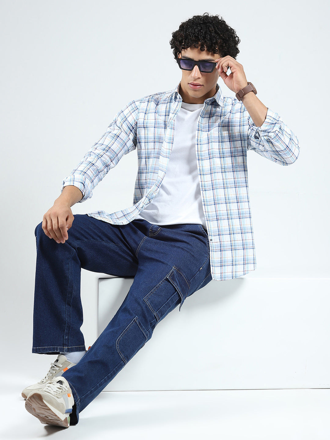 Men Blue Check Collar Full Sleeve Shirt