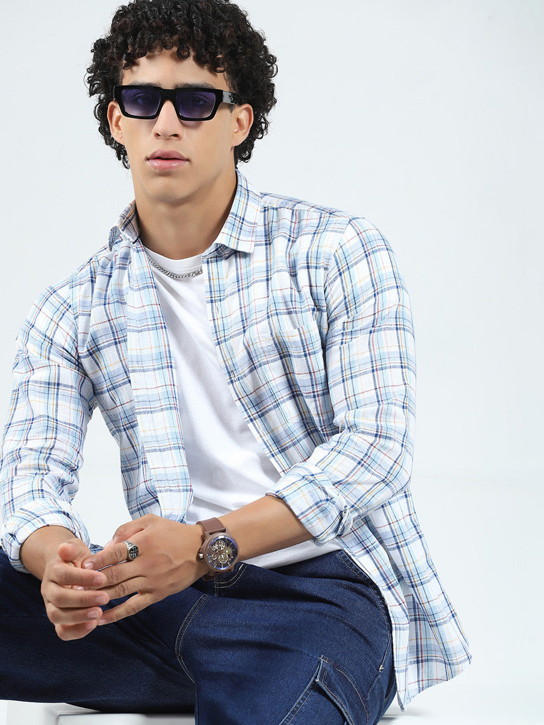 Men Blue Check Collar Full Sleeve Shirt