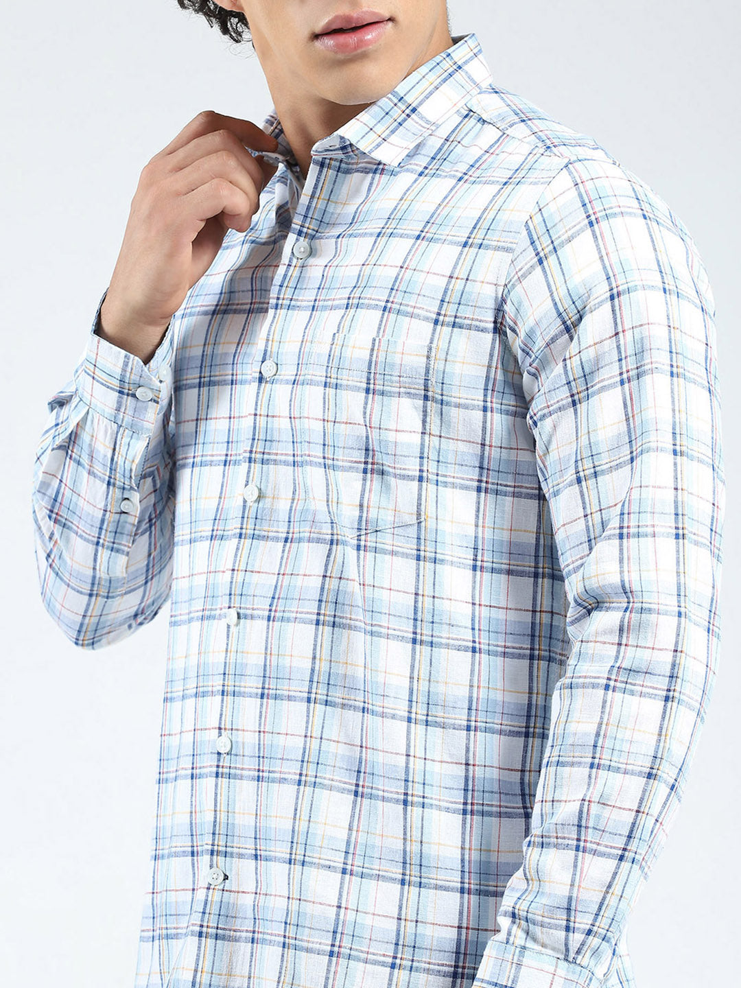 Men Blue Check Collar Full Sleeve Shirt