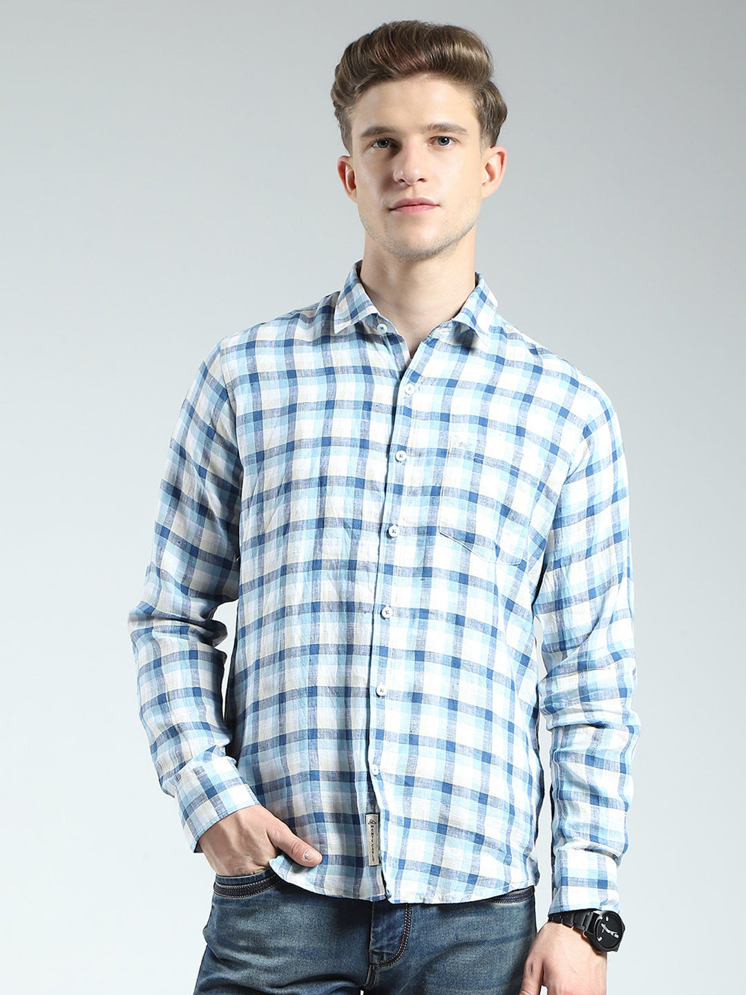 Men Blue Check Collar Full Sleeve Shirt