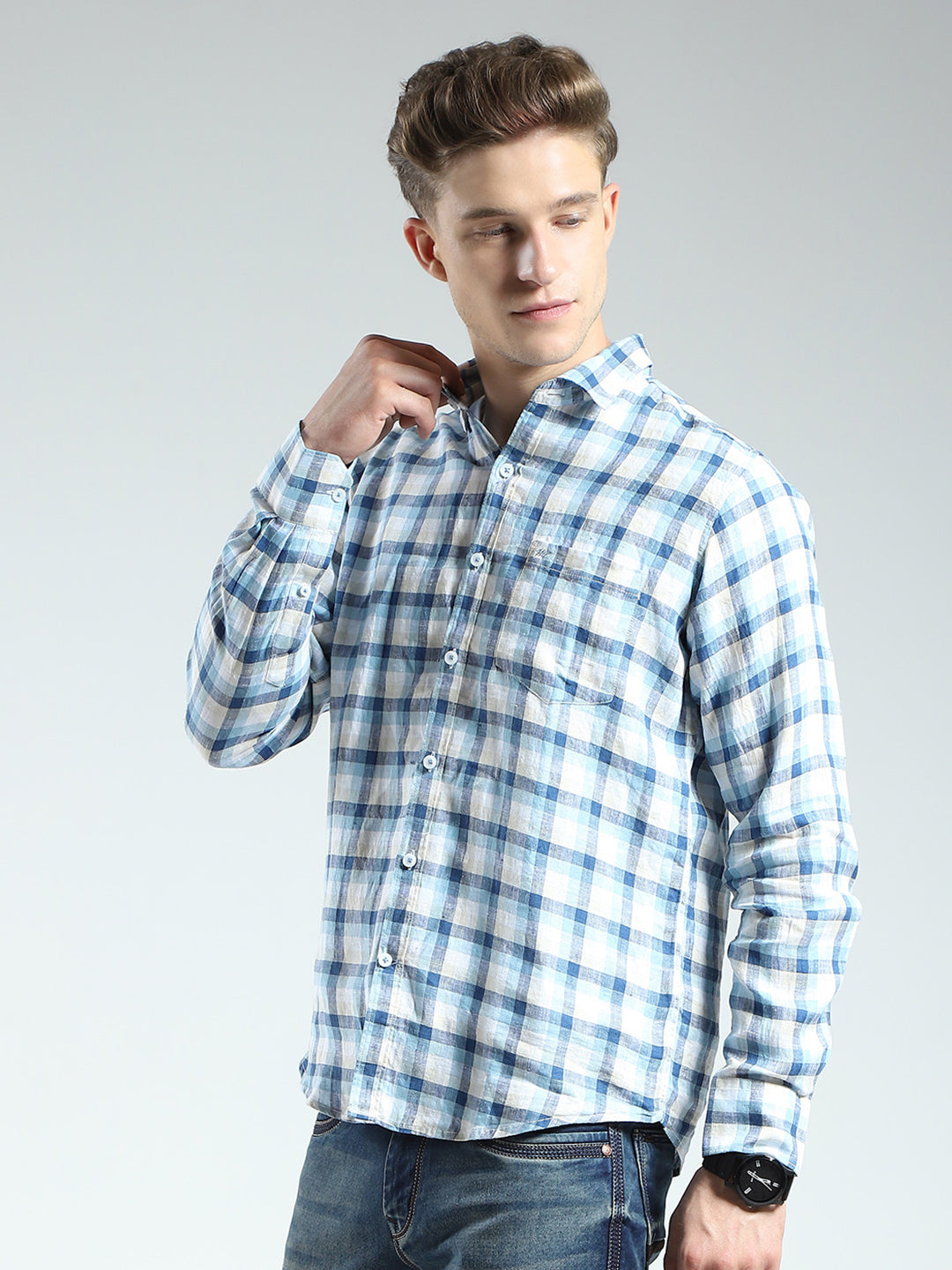 Men Blue Check Collar Full Sleeve Shirt