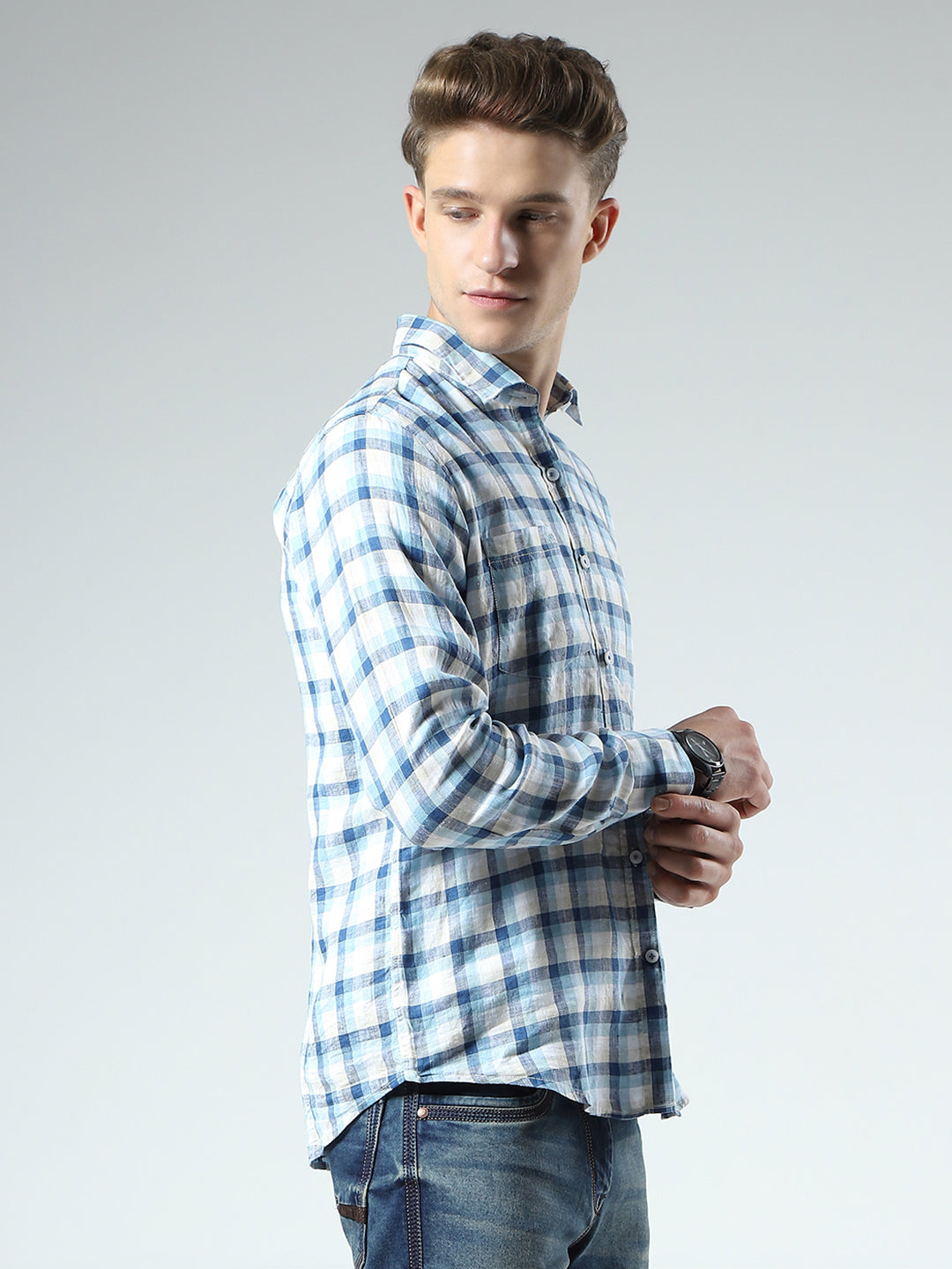 Men Blue Check Collar Full Sleeve Shirt