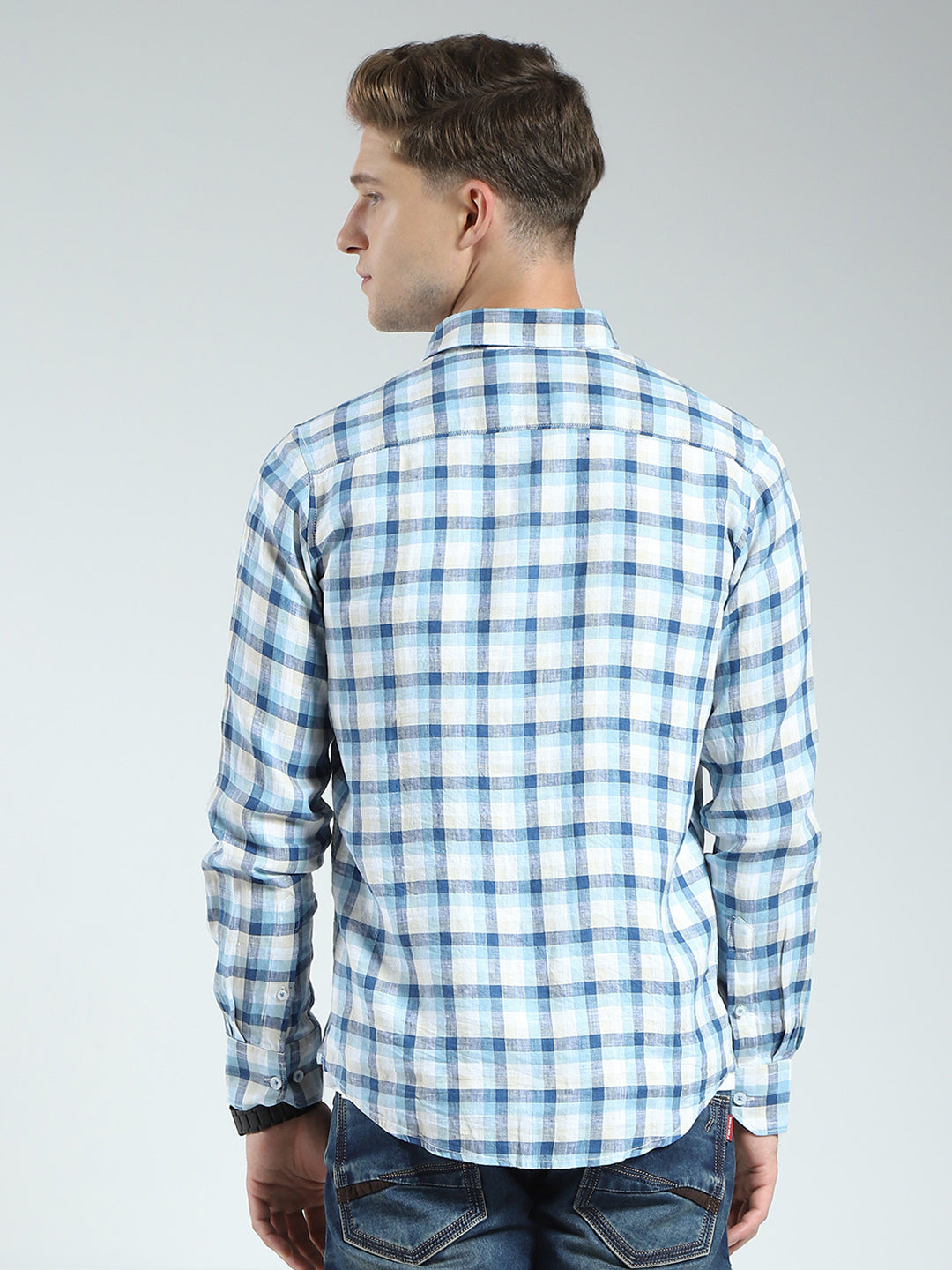 Men Blue Check Collar Full Sleeve Shirt