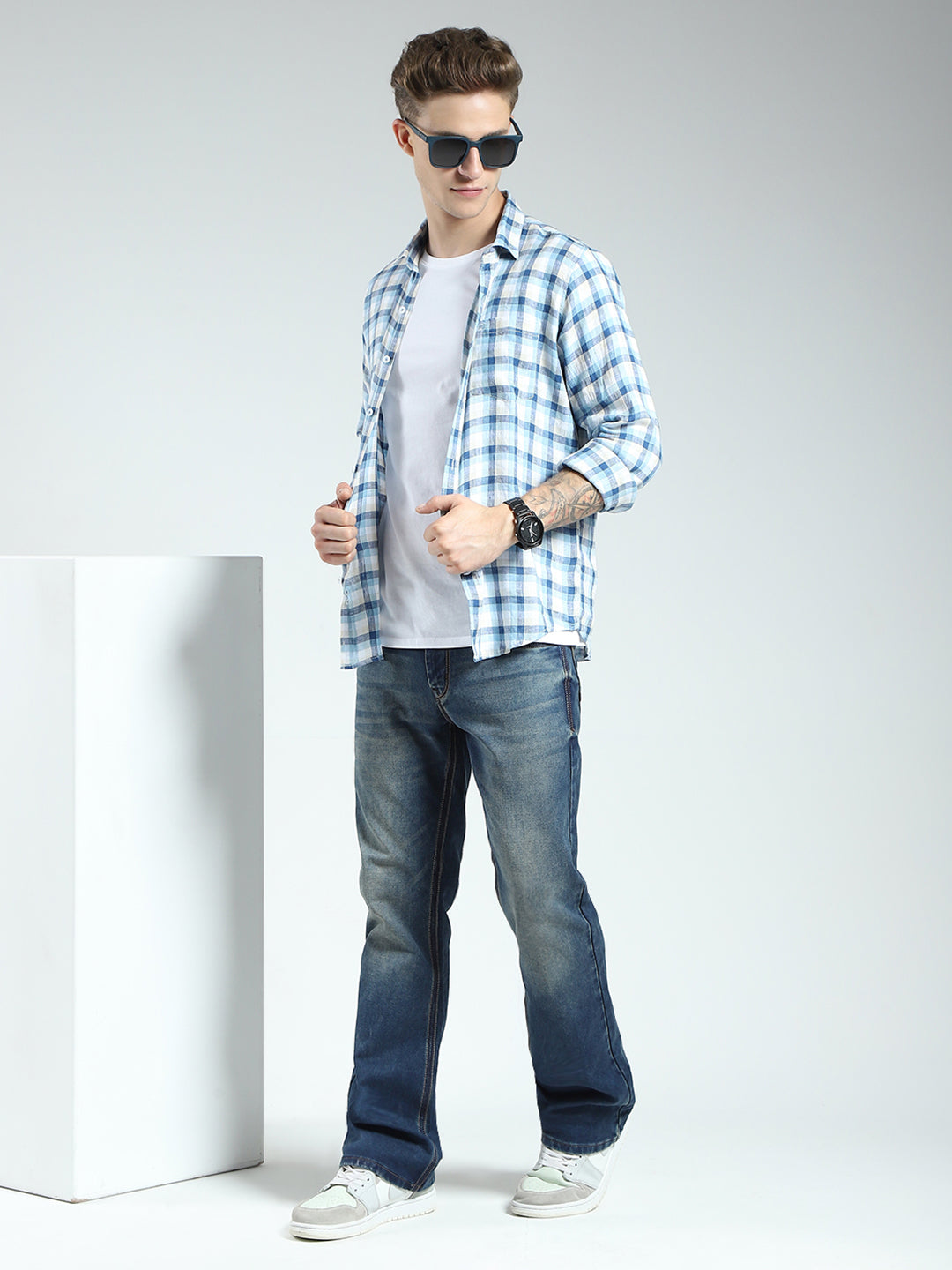 Men Blue Check Collar Full Sleeve Shirt