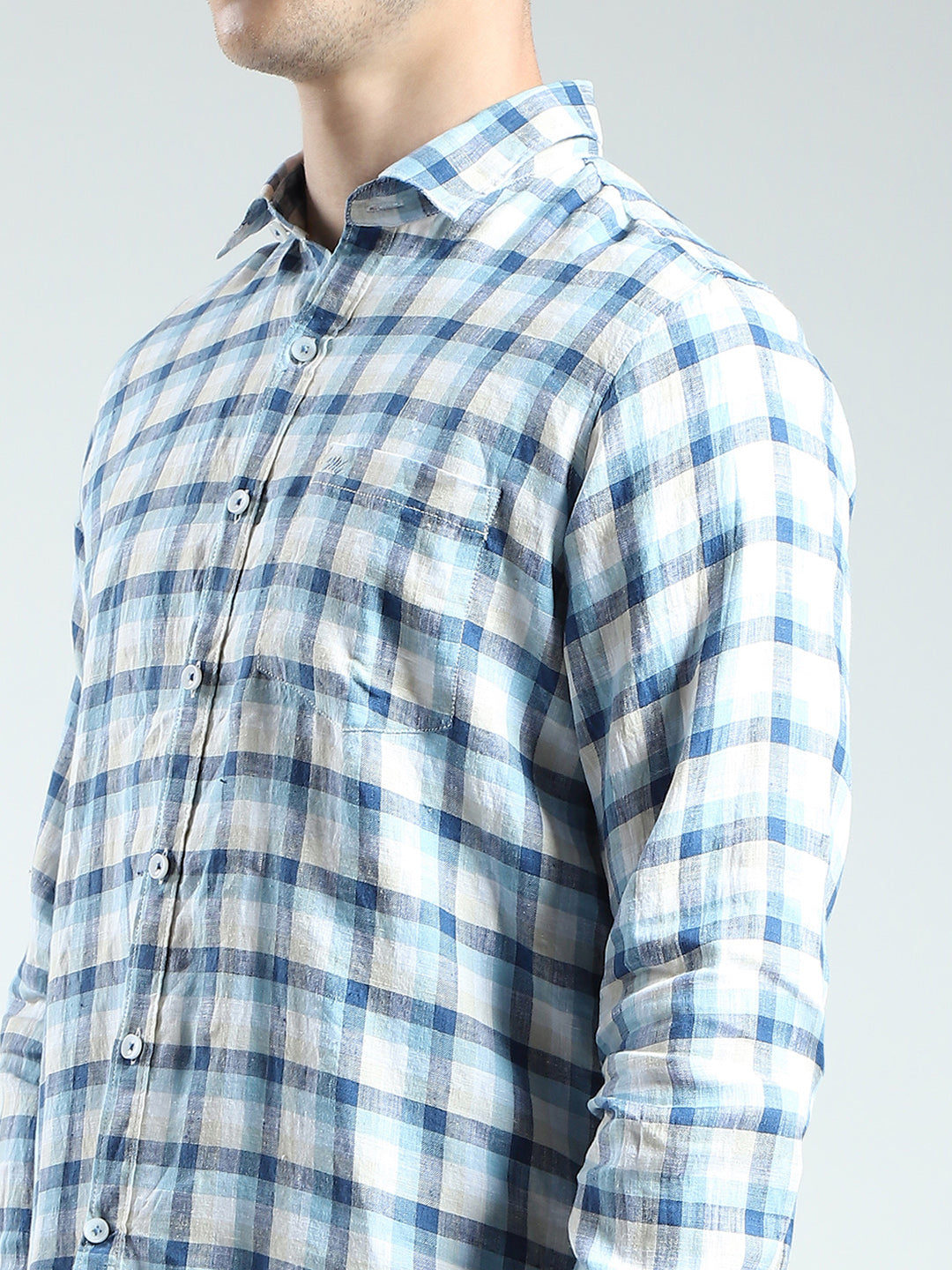 Men Blue Check Collar Full Sleeve Shirt