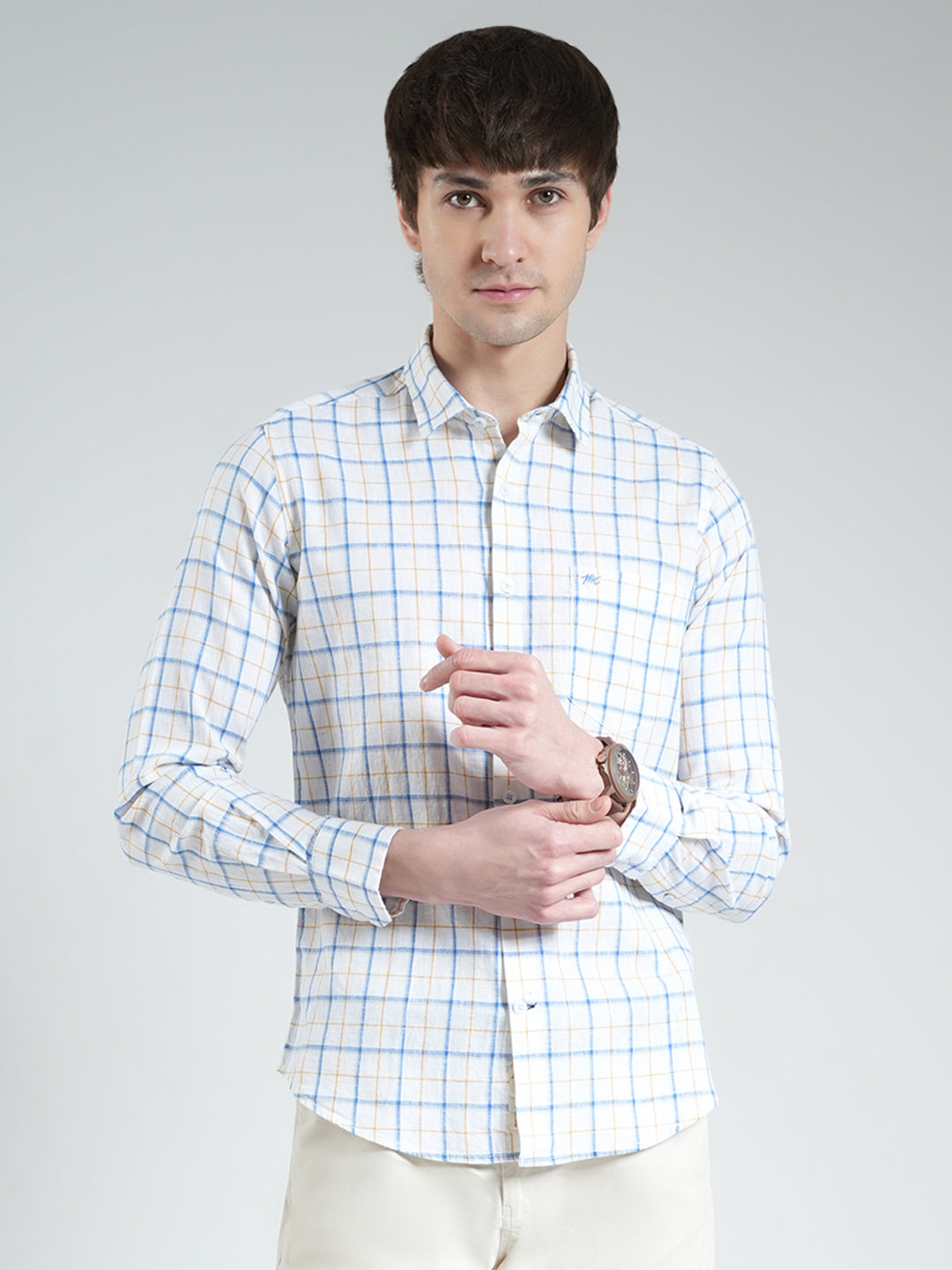 Men White Check Collar Full Sleeve Shirt