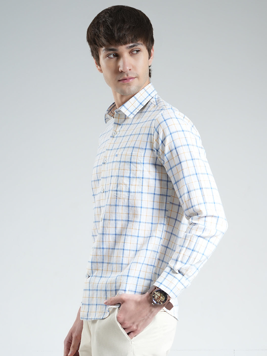 Men White Check Collar Full Sleeve Shirt