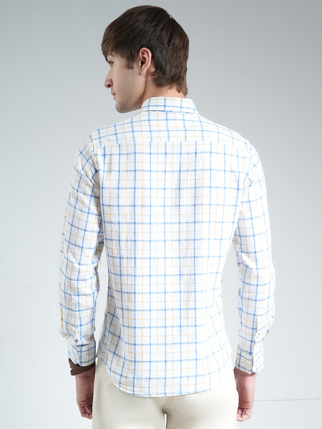 Men White Check Collar Full Sleeve Shirt