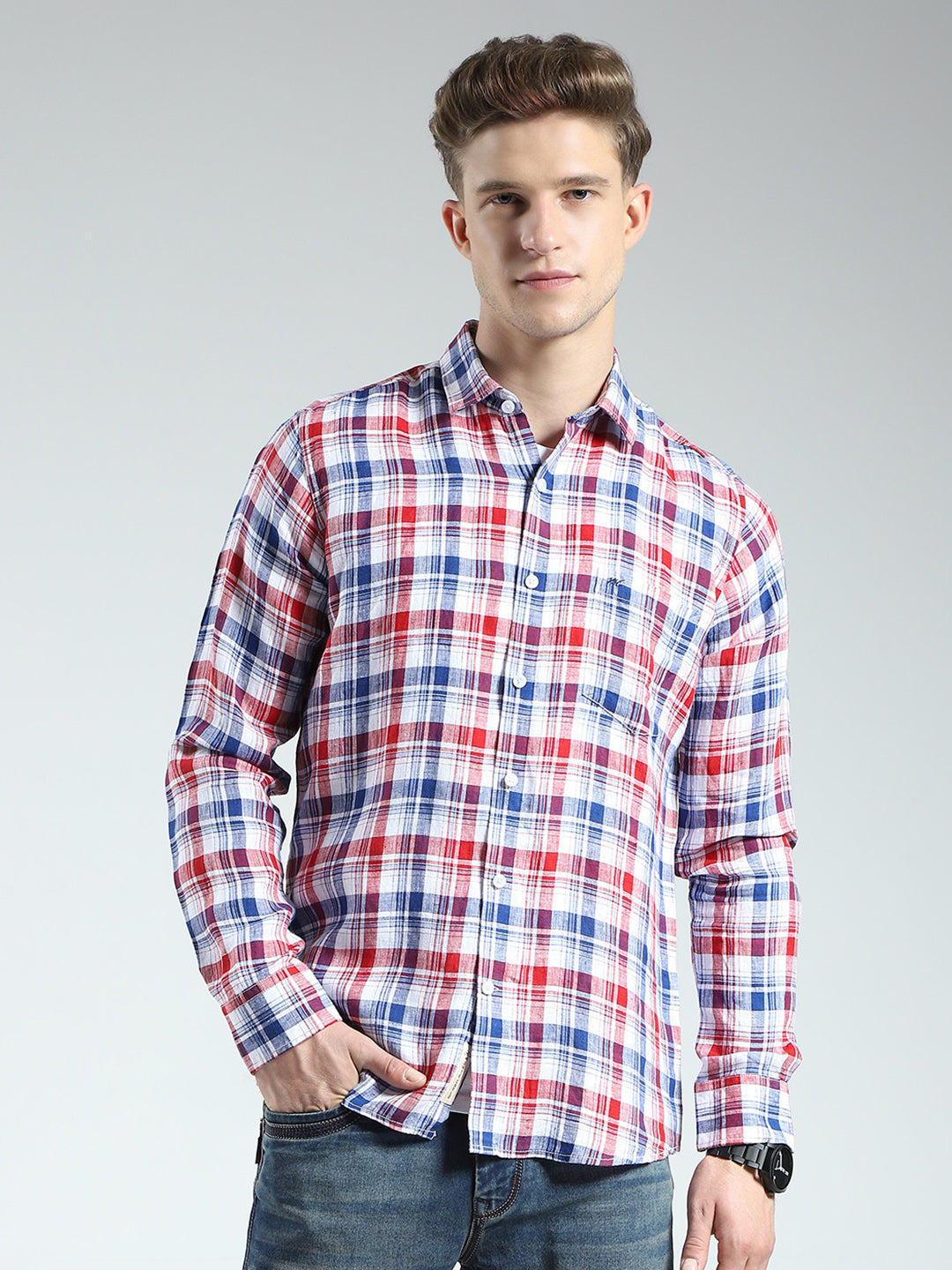 Men Red Check Collar Full Sleeve Shirt