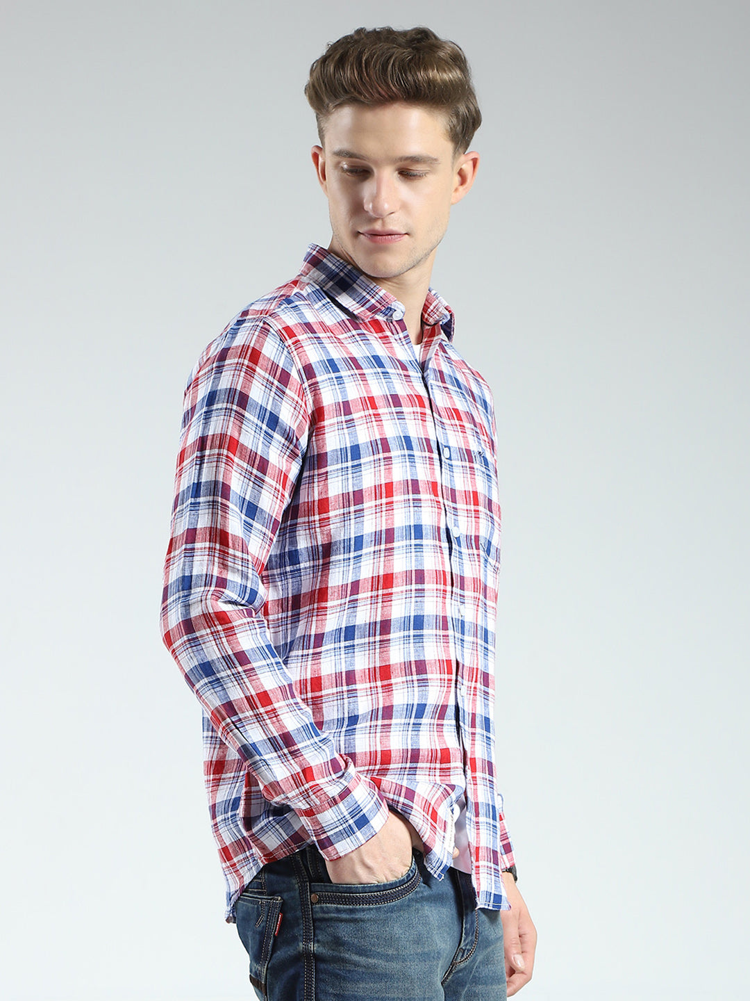 Men Red Check Collar Full Sleeve Shirt