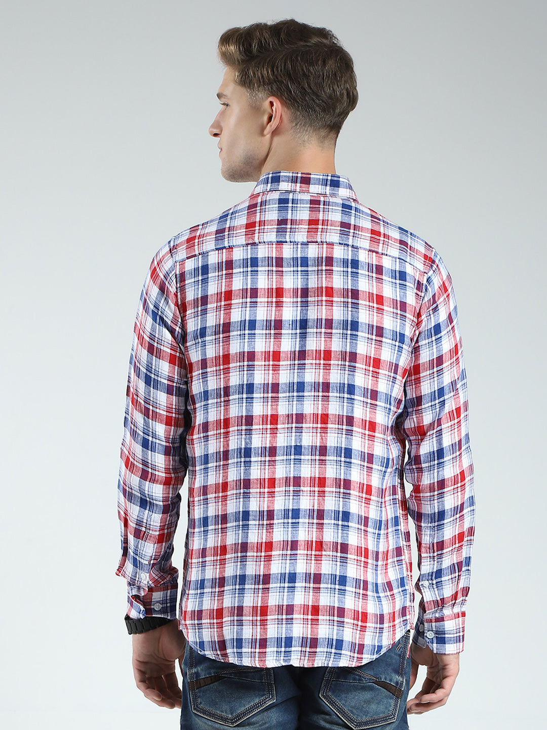 Men Red Check Collar Full Sleeve Shirt