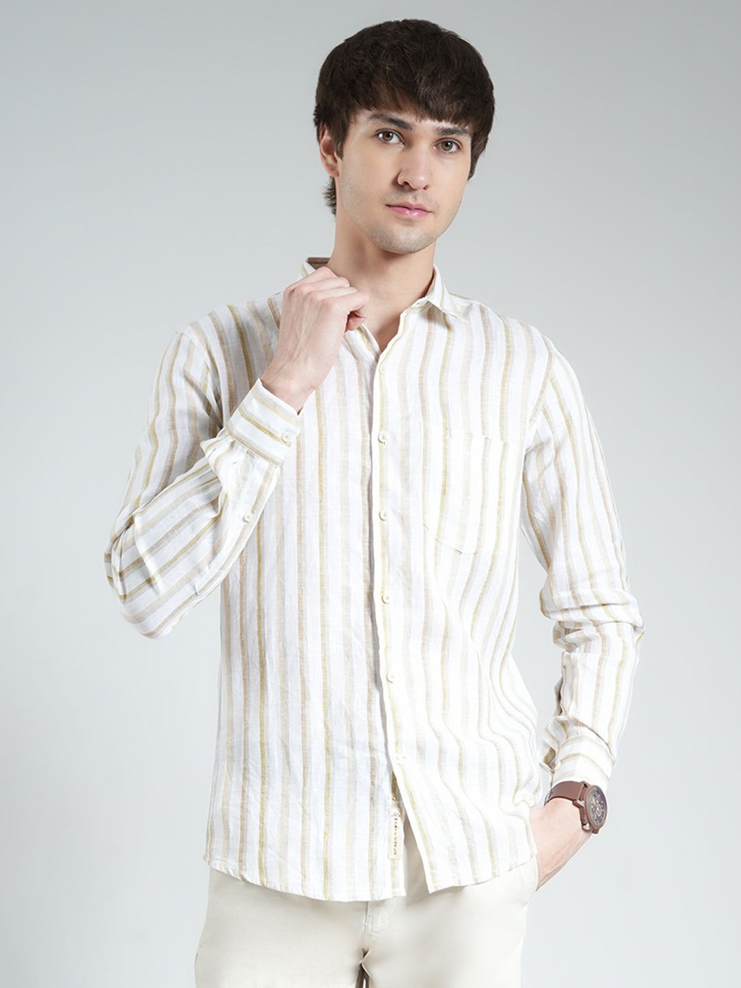 Men Beige Stripe Collar Full Sleeve Shirt