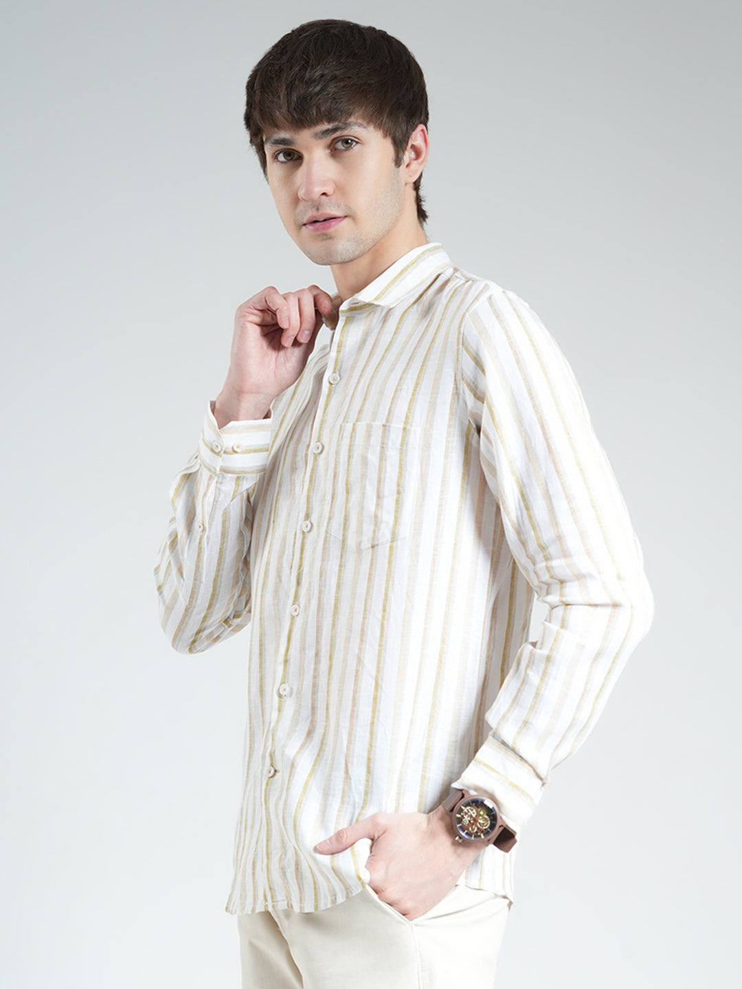 Men Beige Stripe Collar Full Sleeve Shirt