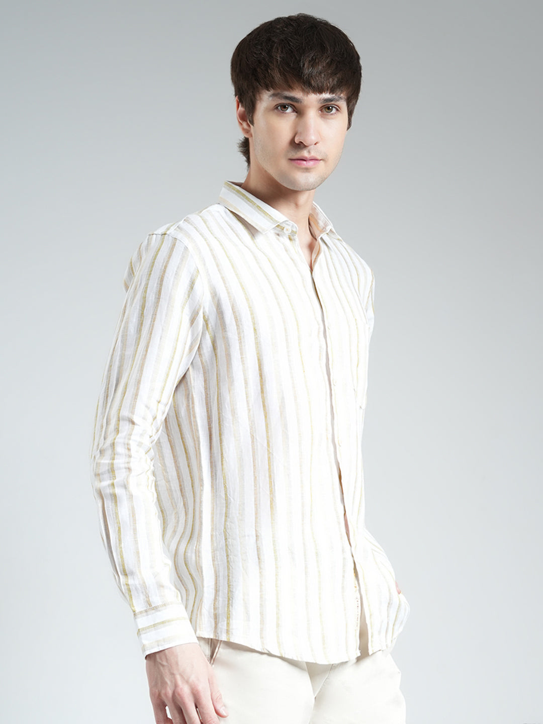 Men Beige Stripe Collar Full Sleeve Shirt