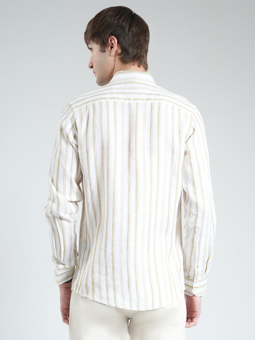 Men Beige Stripe Collar Full Sleeve Shirt