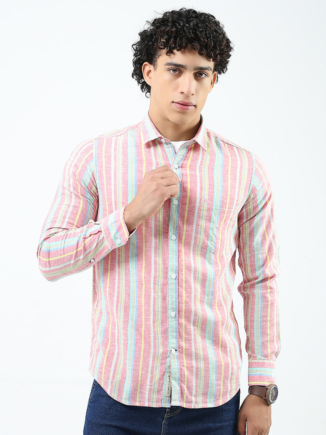 Men Red Stripe Collar Full Sleeve Shirt