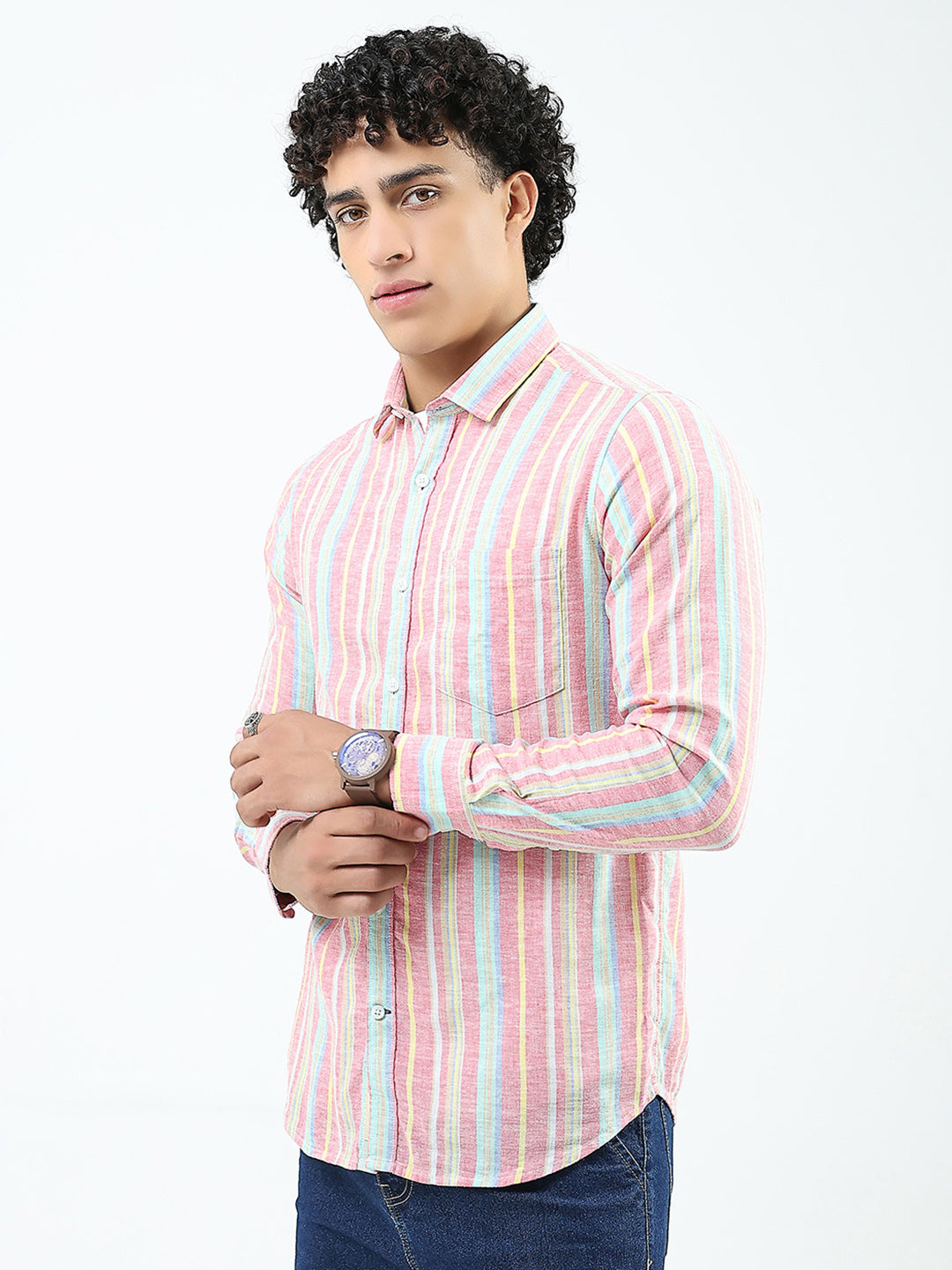 Men Red Stripe Collar Full Sleeve Shirt