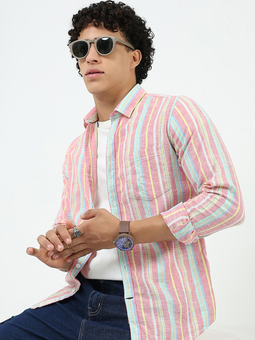 Men Red Stripe Collar Full Sleeve Shirt