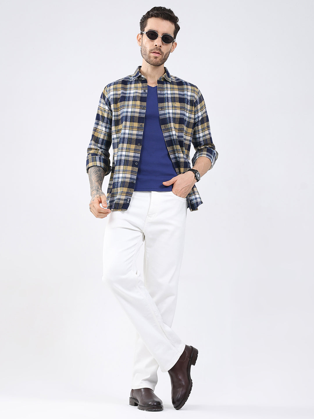 Men Mustard Check Collar Full Sleeve Shirt