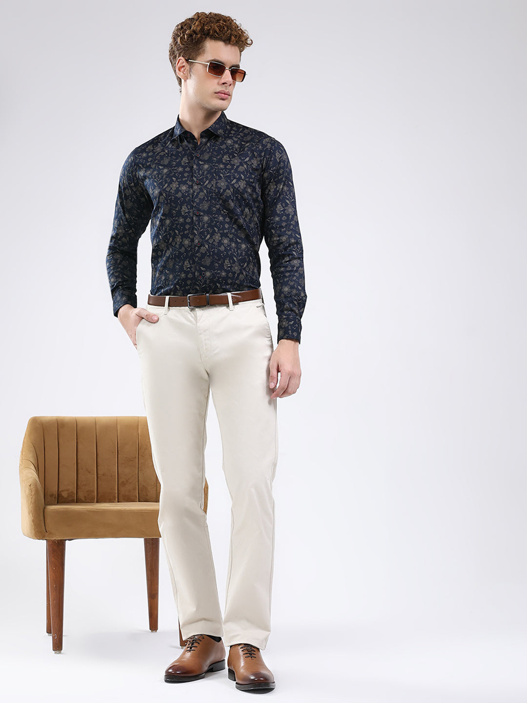 Men Navy Blue Printed Collar Full Sleeve Shirt