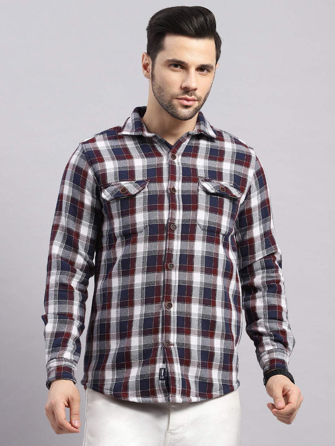 Men Red Check Collar Full Sleeve Shirt