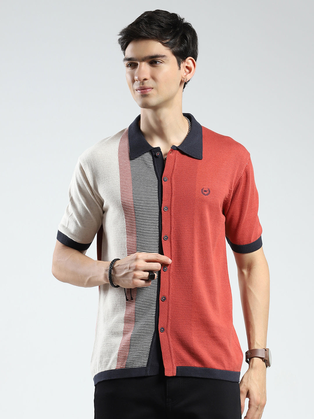 Men Rust Self Design Collar Half Sleeve T-Shirt