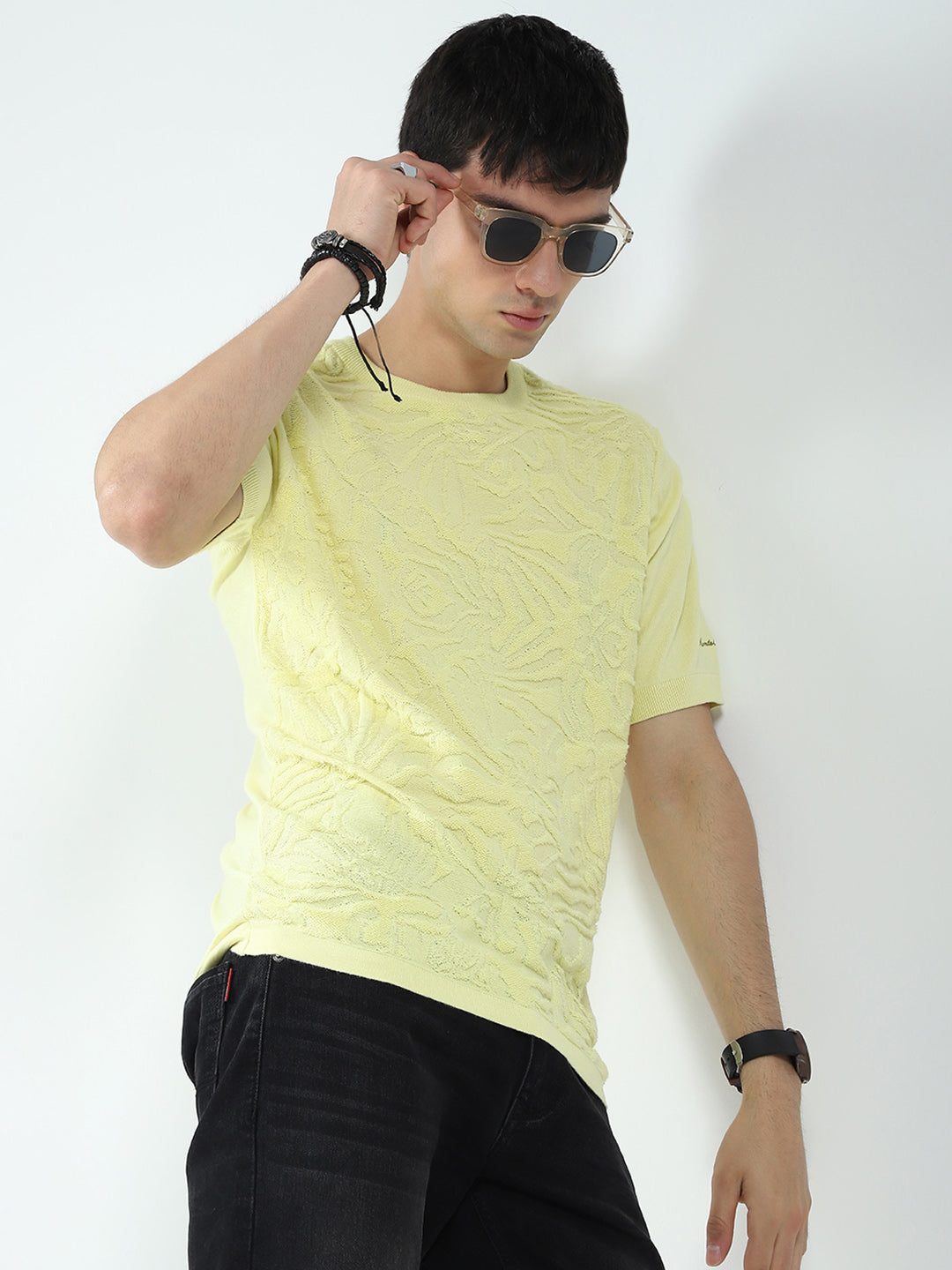 Men Yellow Self Design Round Neck Half Sleeve T-Shirt