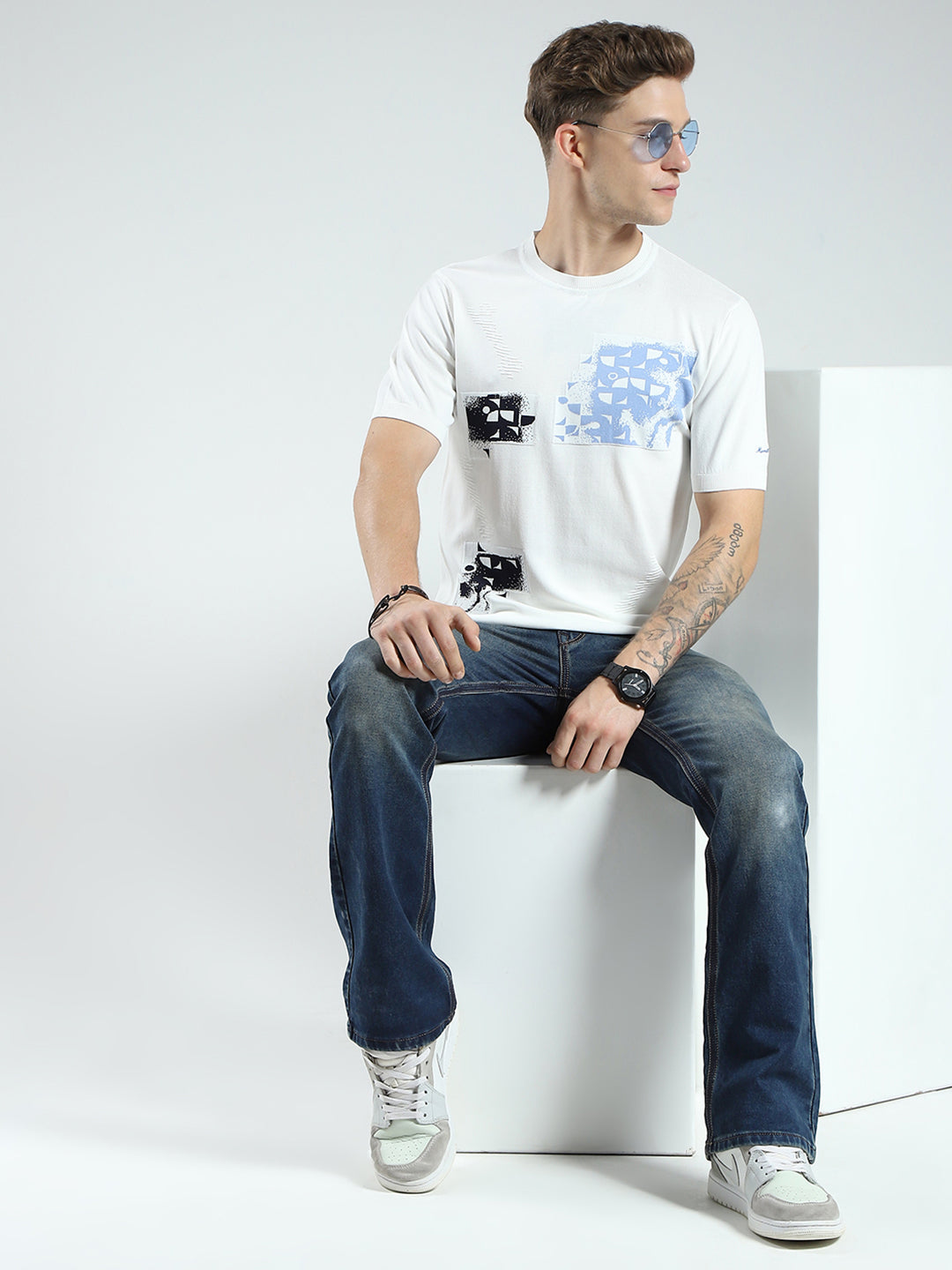 Men White Printed Round Neck Half Sleeve T-Shirt