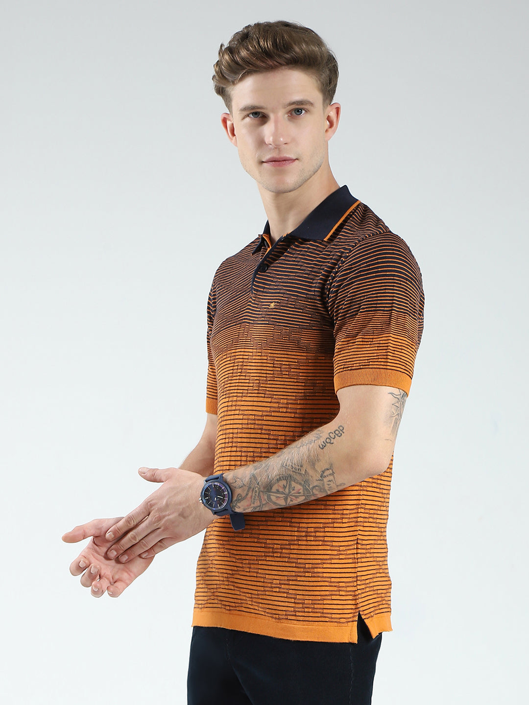 Men Brown Self Design Collar Half Sleeve T-Shirt
