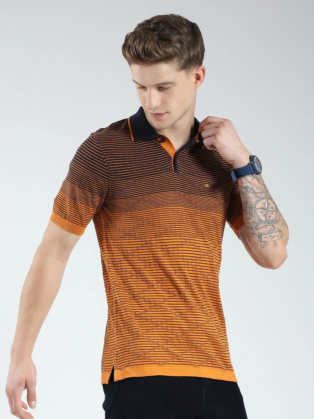 Men Brown Self Design Collar Half Sleeve T-Shirt