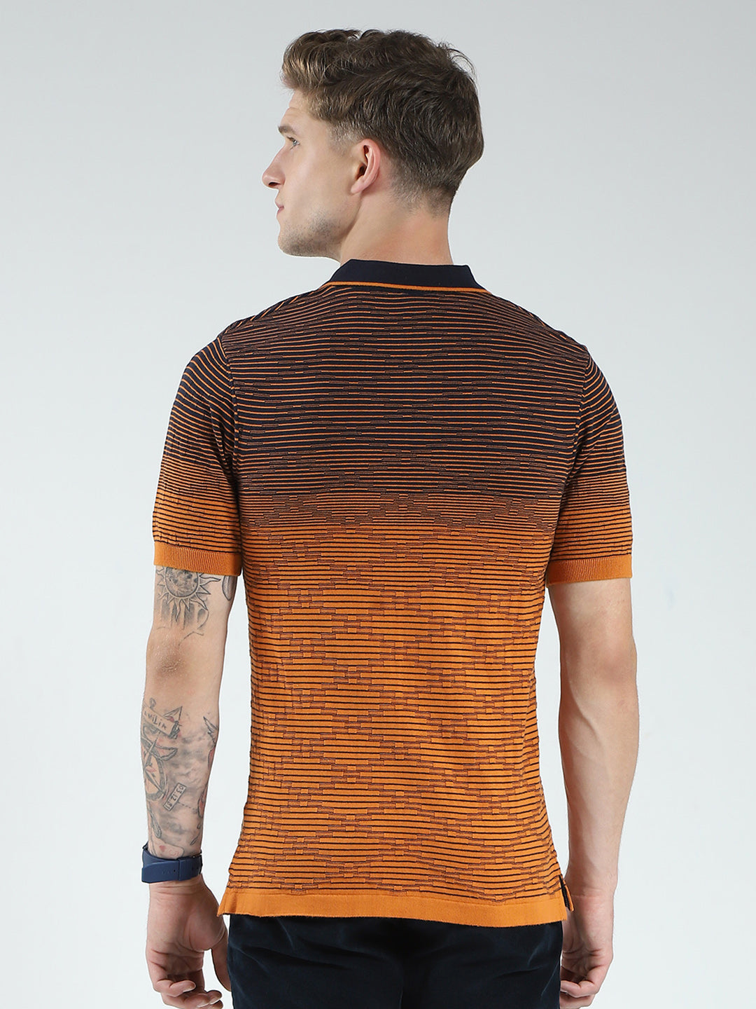 Men Brown Self Design Collar Half Sleeve T-Shirt