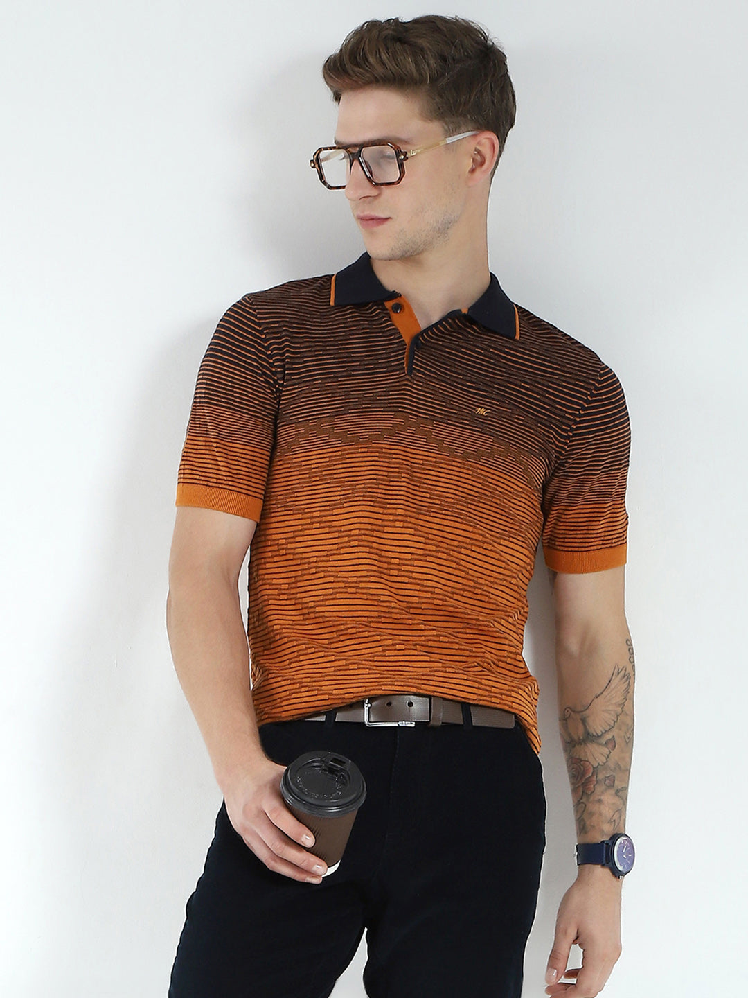Men Brown Self Design Collar Half Sleeve T-Shirt