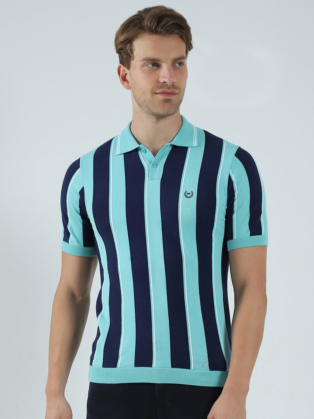 Men Green Stripe Collar Half Sleeve T-Shirt