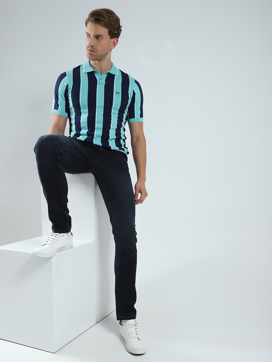 Men Green Stripe Collar Half Sleeve T-Shirt