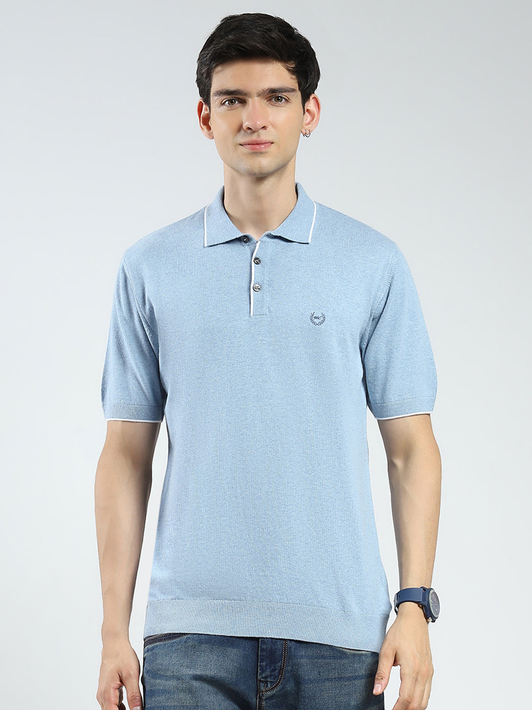 Men Blue Solid Collar Half Sleeve T-Shirt