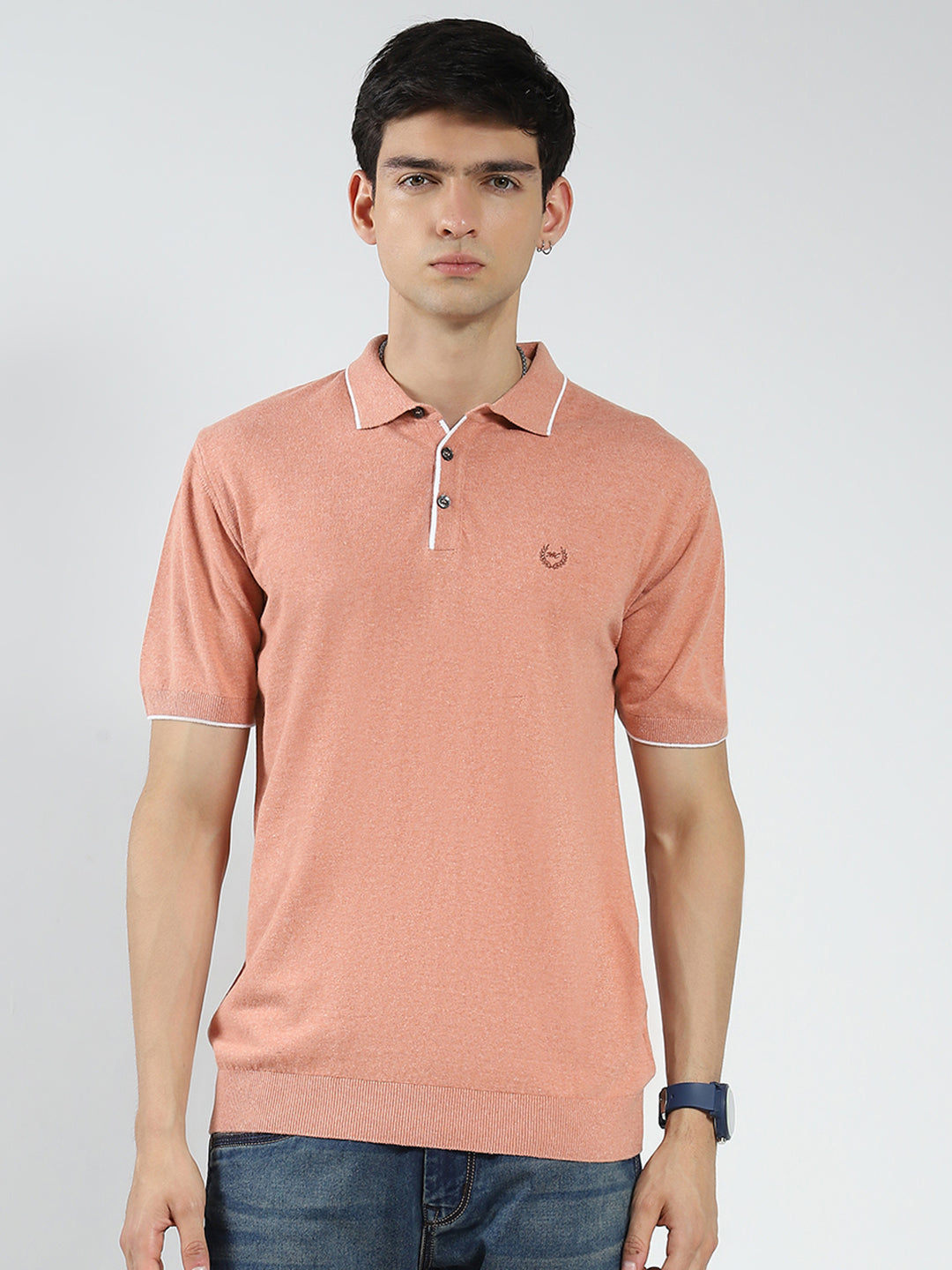 Men Coral Solid Collar Half Sleeve T-Shirt