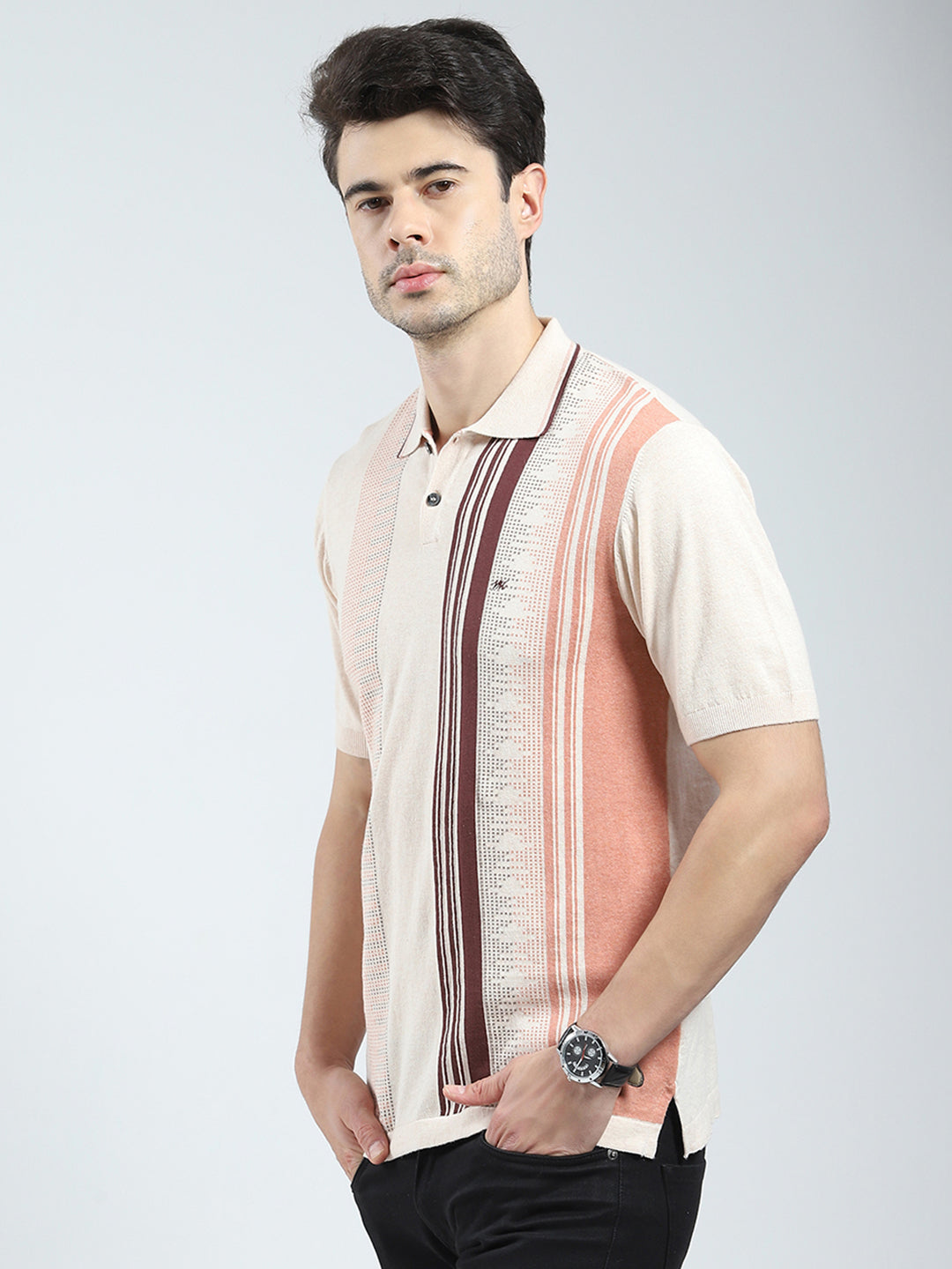Men Beige Self Design Collar Half Sleeve T-Shirt