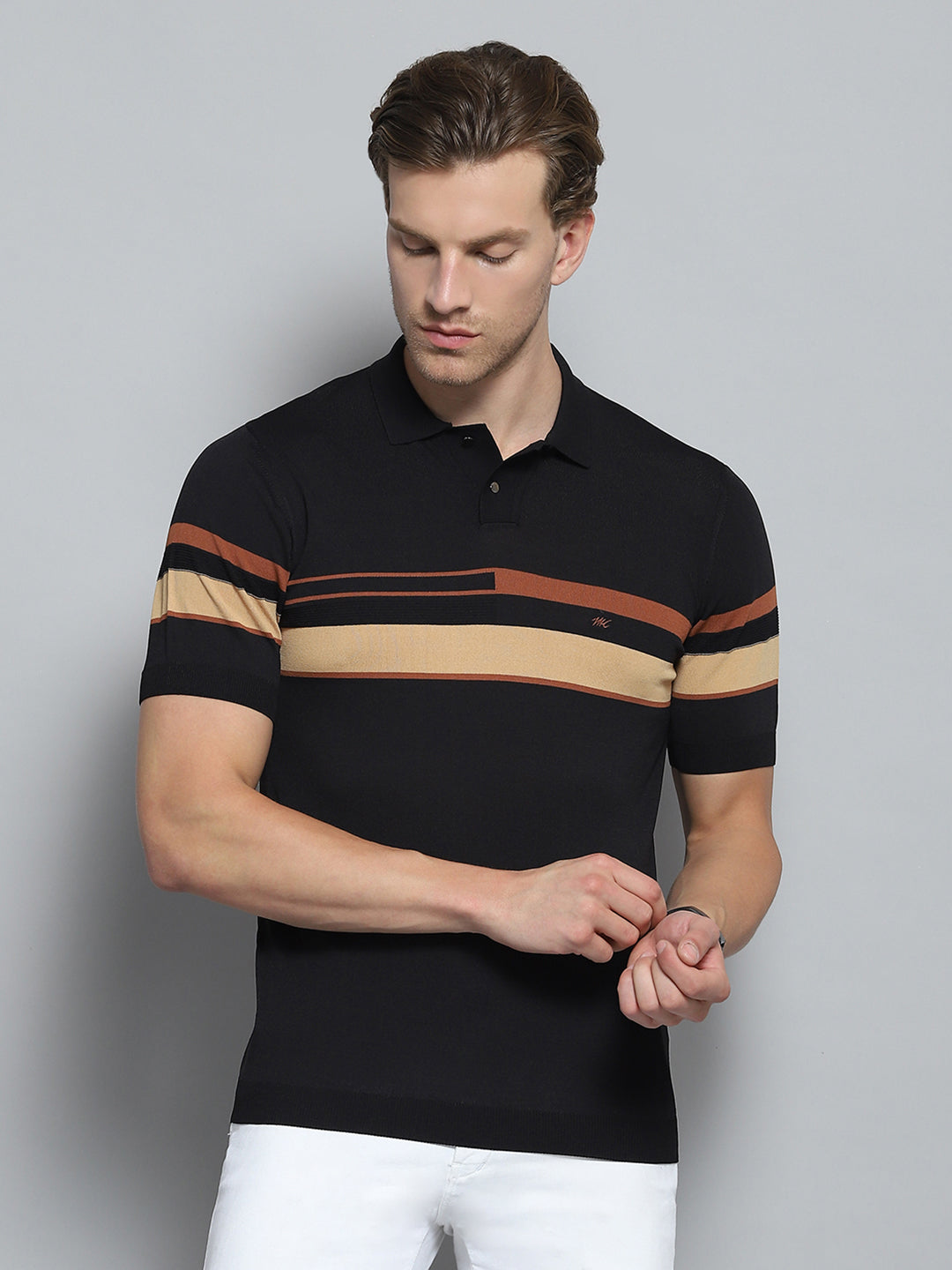 Men Black Self Design Collar Half Sleeve T-Shirt
