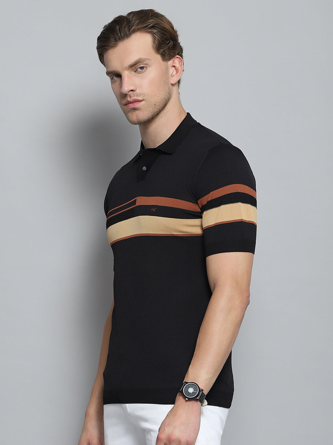 Men Black Self Design Collar Half Sleeve T-Shirt