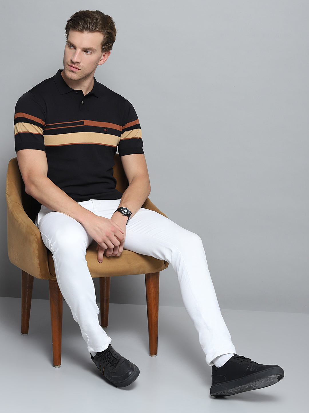 Men Black Self Design Collar Half Sleeve T-Shirt