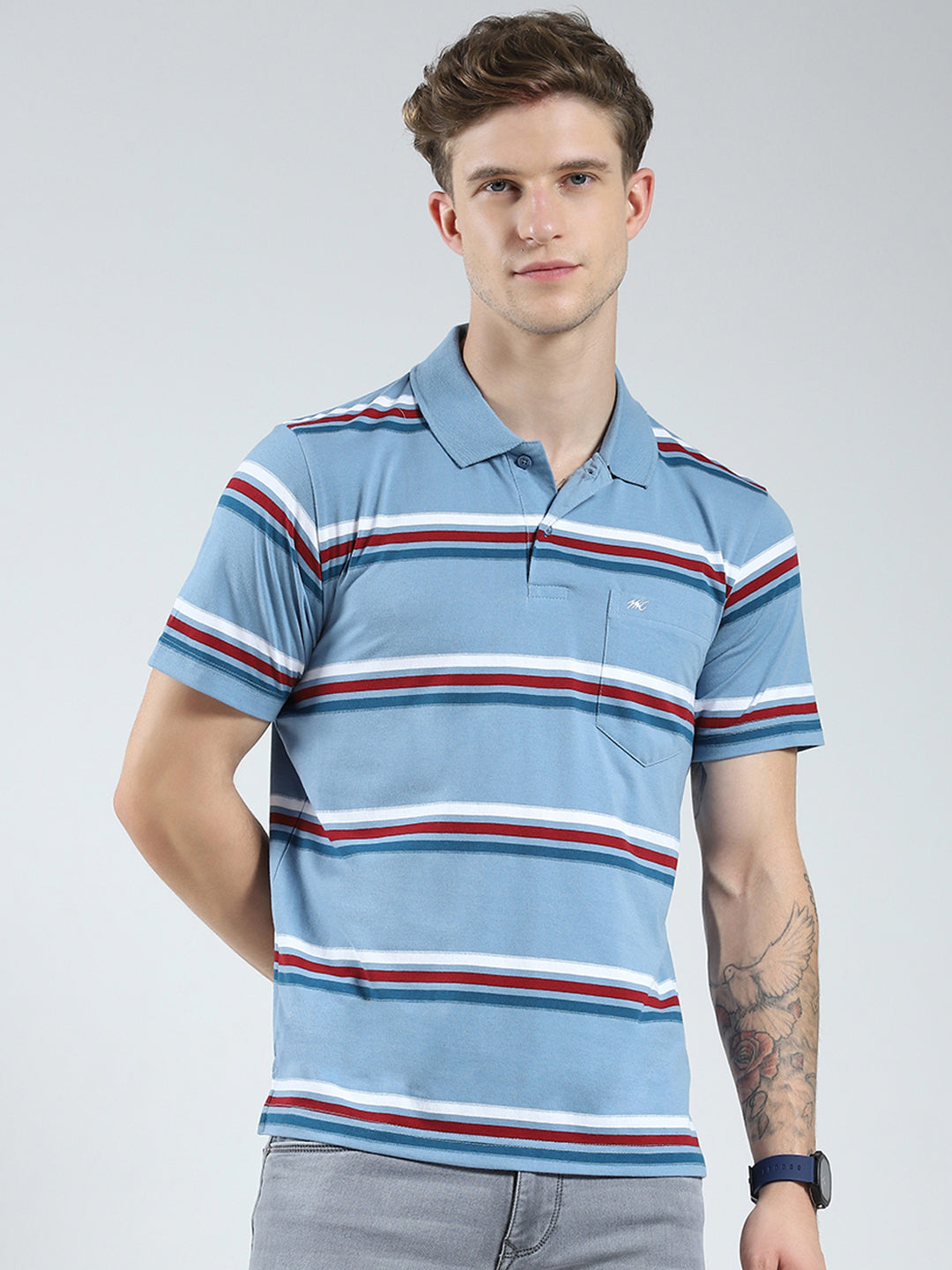 Men Blue Stripe Collar Half Sleeve T-Shirt