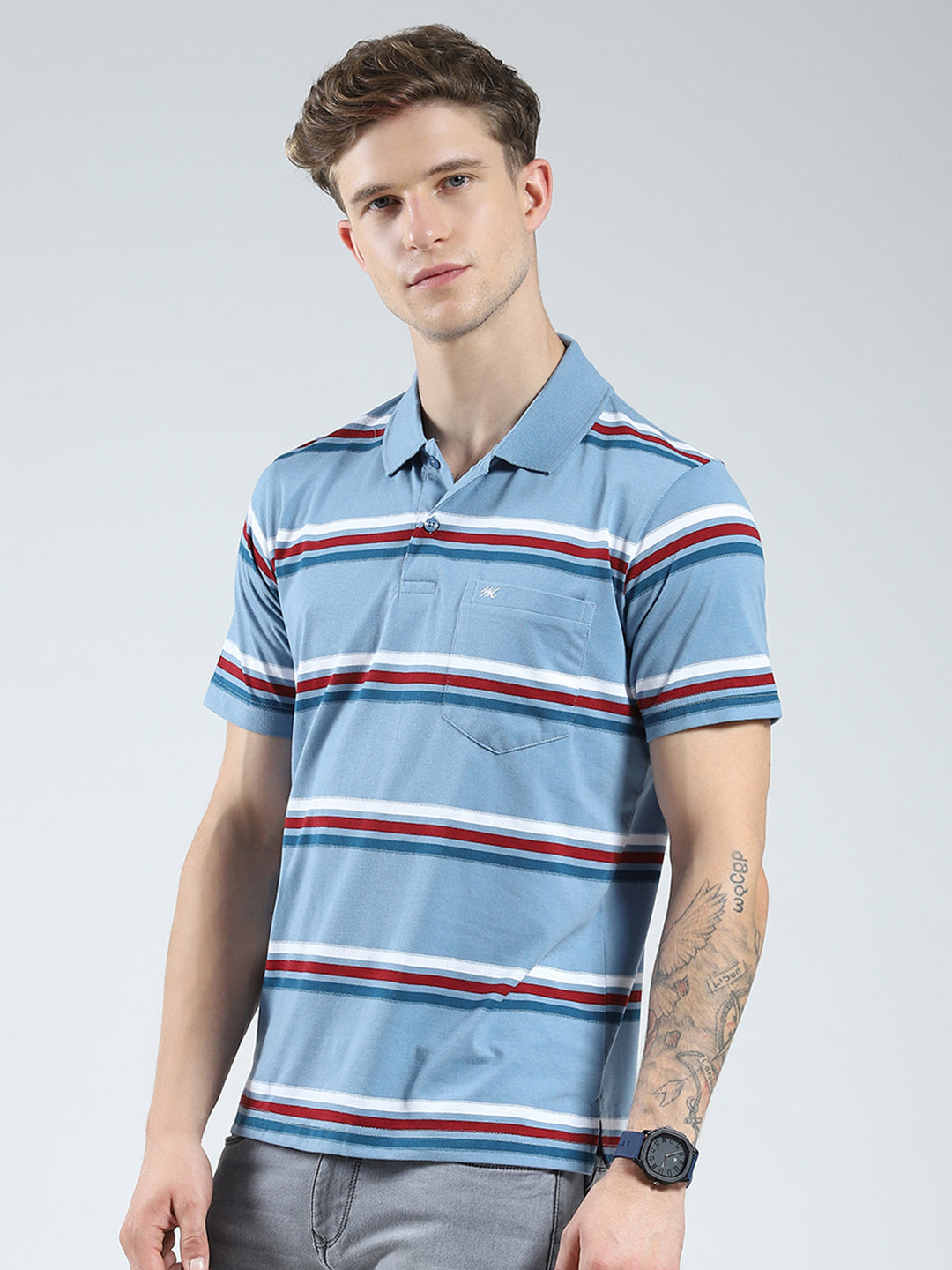 Men Blue Stripe Collar Half Sleeve T-Shirt