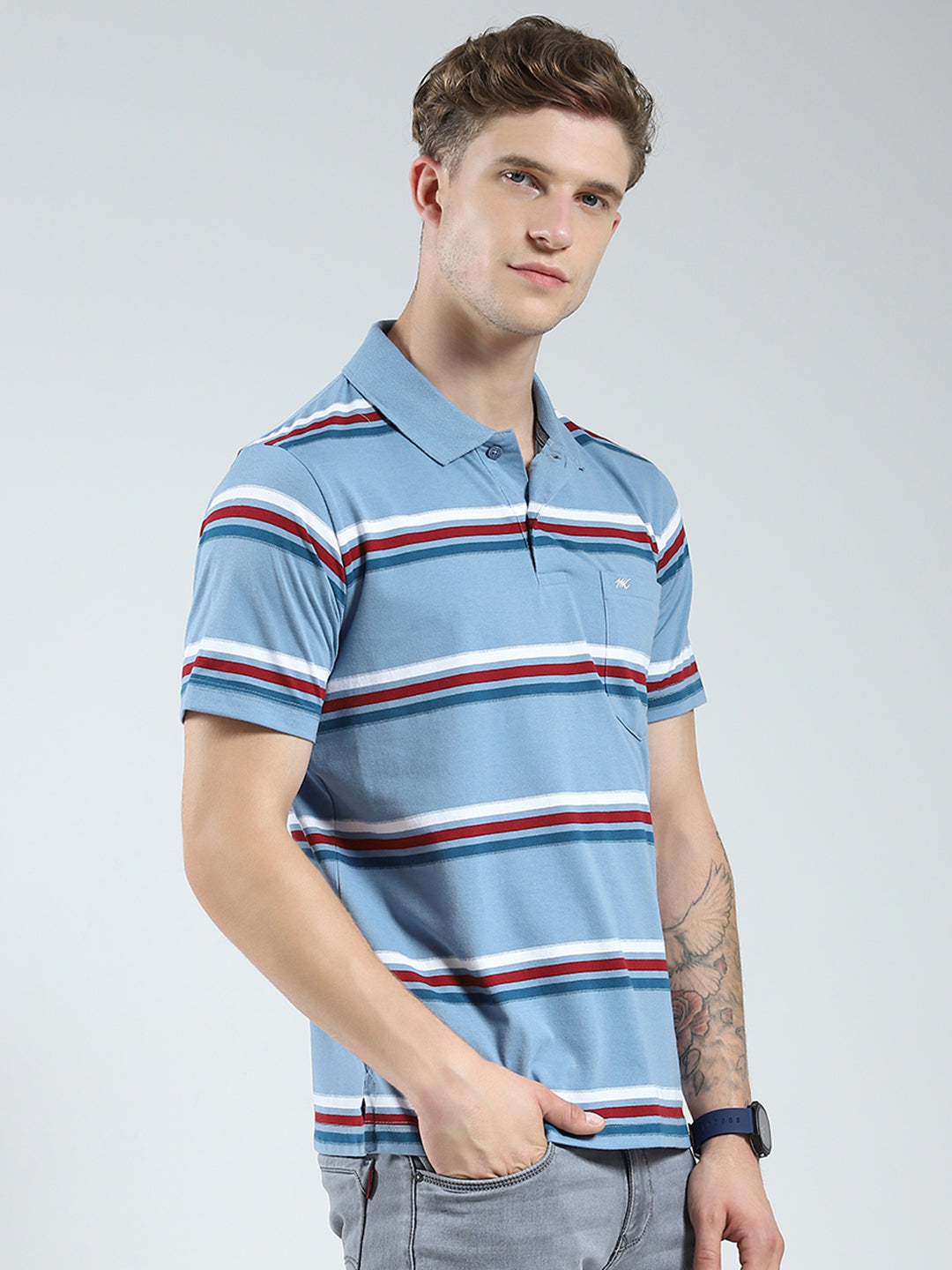 Men Blue Stripe Collar Half Sleeve T-Shirt