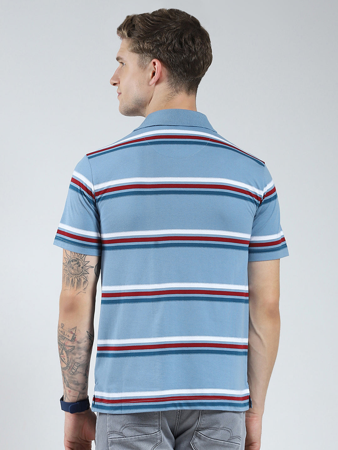 Men Blue Stripe Collar Half Sleeve T-Shirt