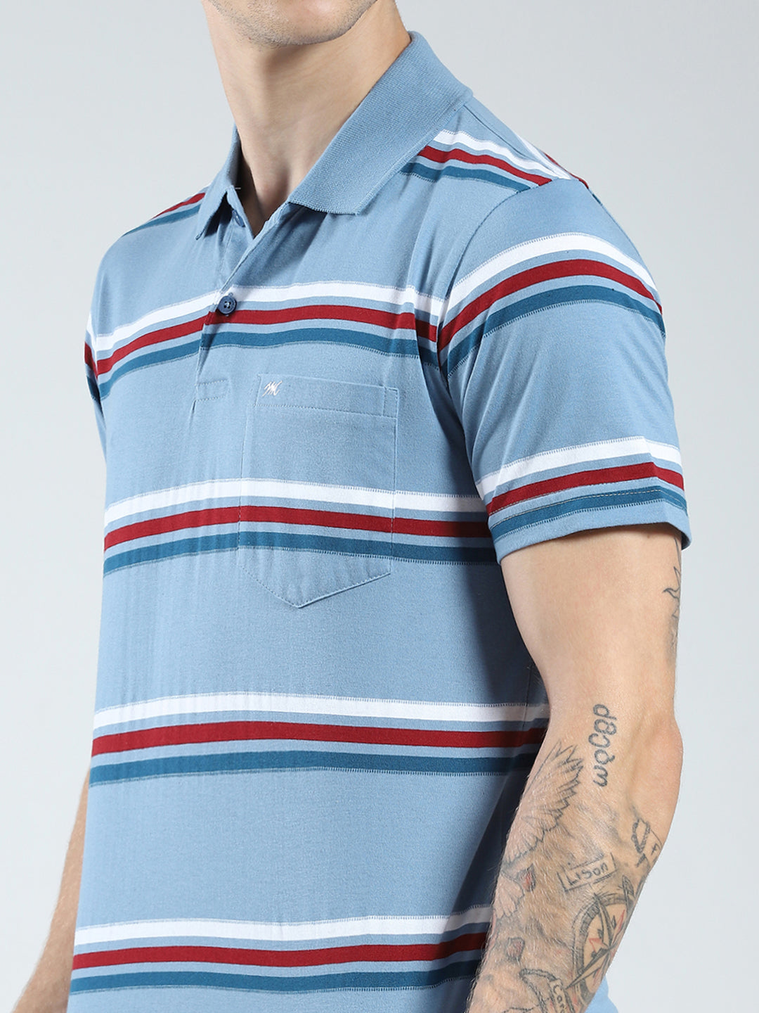 Men Blue Stripe Collar Half Sleeve T-Shirt