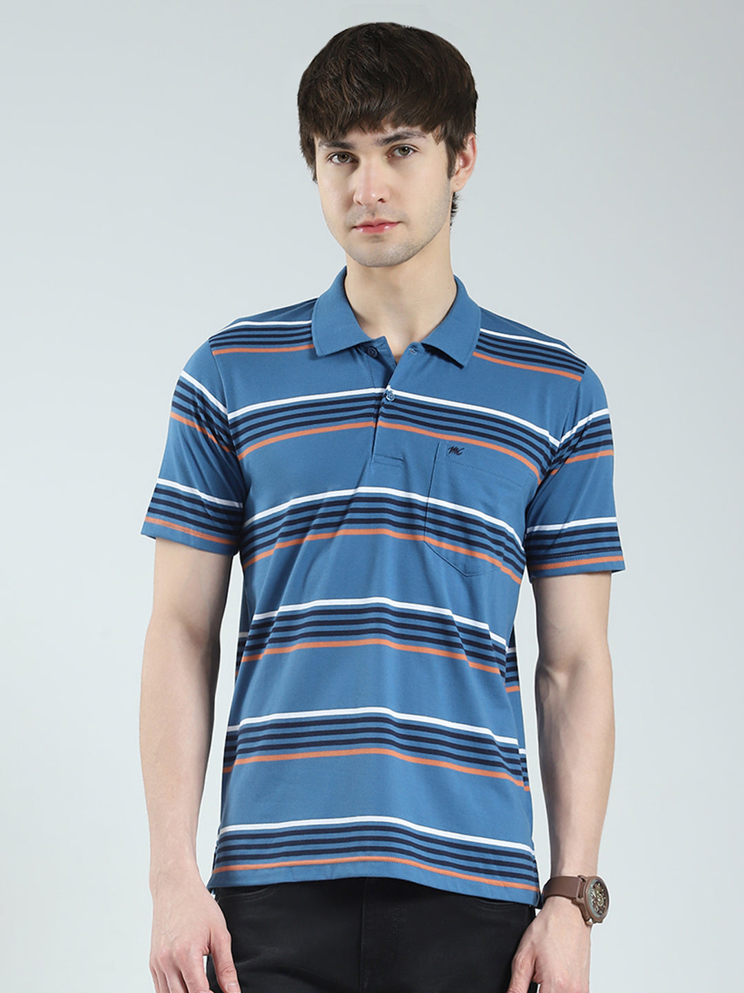 Men Blue Stripe Collar Half Sleeve T-Shirt